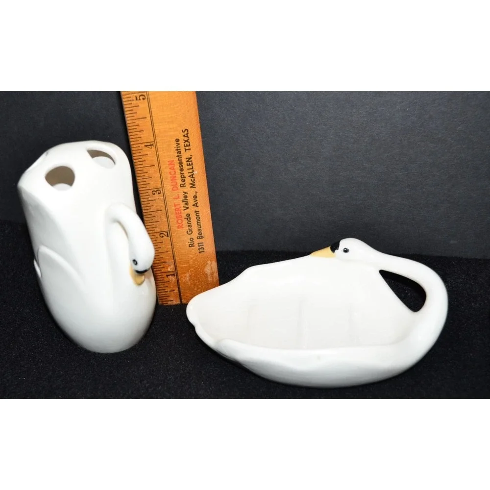 Vtg MCM Art Nouveau White Porcelain Swan Vanity Set Soap Dish Toothbrush Cup